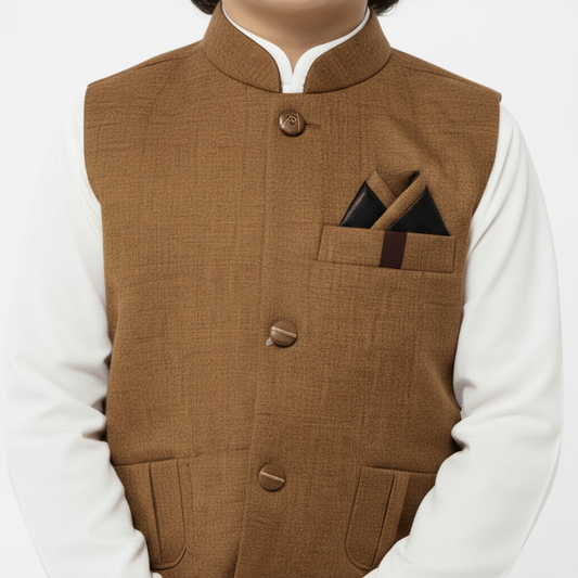Boys White Kurta Shalwar with Golden Waistcoat - Premium 3-Piece Set
