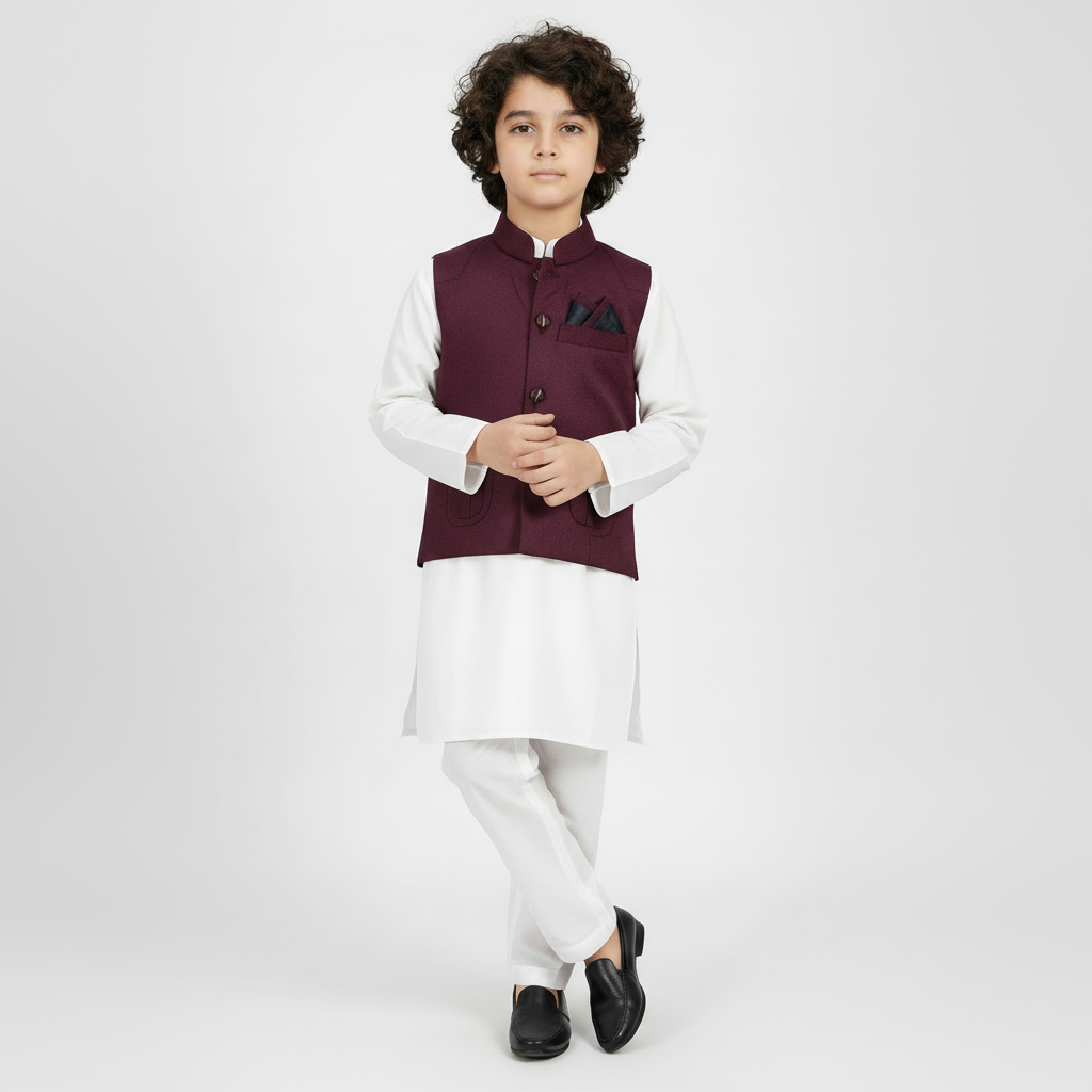 Boys White Kurta Shalwar with Maroon Waistcoat - Premium 3-Piece Set