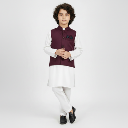 Boys White Kurta Shalwar with Maroon Waistcoat - Premium 3-Piece Set