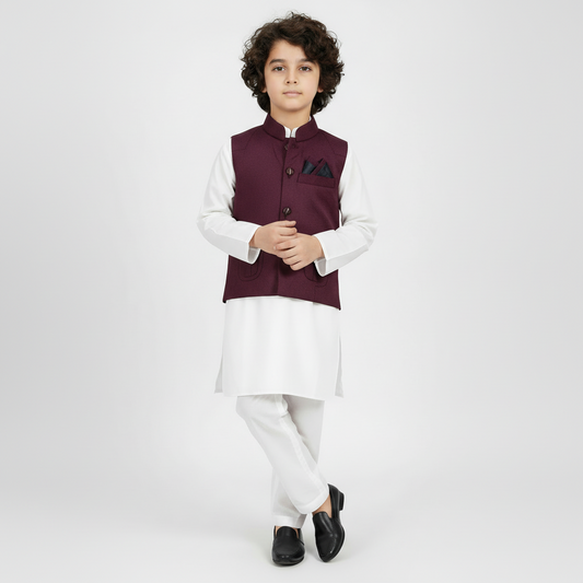 Boys White Kurta Shalwar with Maroon Waistcoat - Premium 3-Piece Set