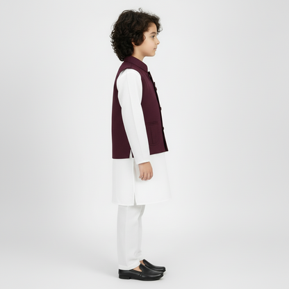 Boys White Kurta Shalwar with Maroon Waistcoat - Premium 3-Piece Set