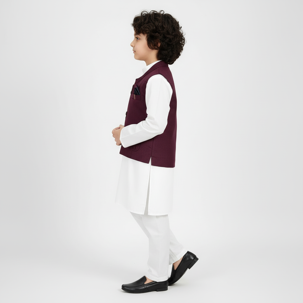 Boys White Kurta Shalwar with Maroon Waistcoat - Premium 3-Piece Set