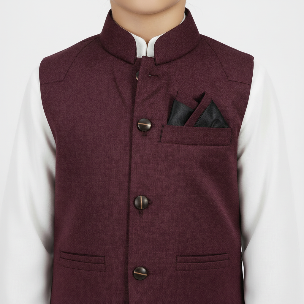 Boys White Kurta Shalwar with Maroon Waistcoat - Premium 3-Piece Set