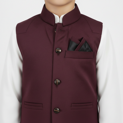Boys White Kurta Shalwar with Maroon Waistcoat - Premium 3-Piece Set
