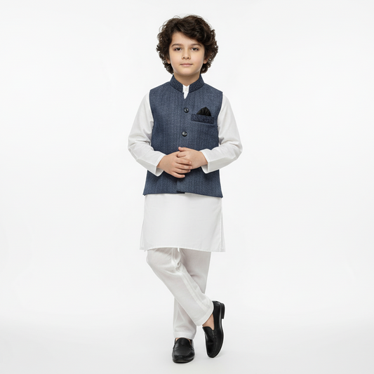 Boys White Kurta Shalwar with Gray Waistcoat - Premium 3-Piece Set