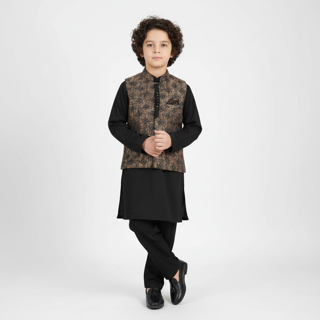 Boys Black Kurta with Stylish Gradient Waistcoat - Premium 3-Piece Set