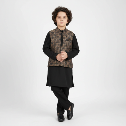 Boys Black Kurta with Stylish Gradient Waistcoat - Premium 3-Piece Set