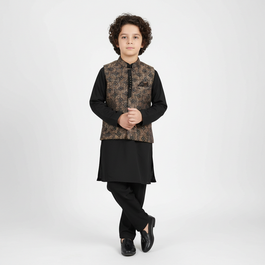 Boys Black Kurta with Stylish Gradient Waistcoat - Premium 3-Piece Set