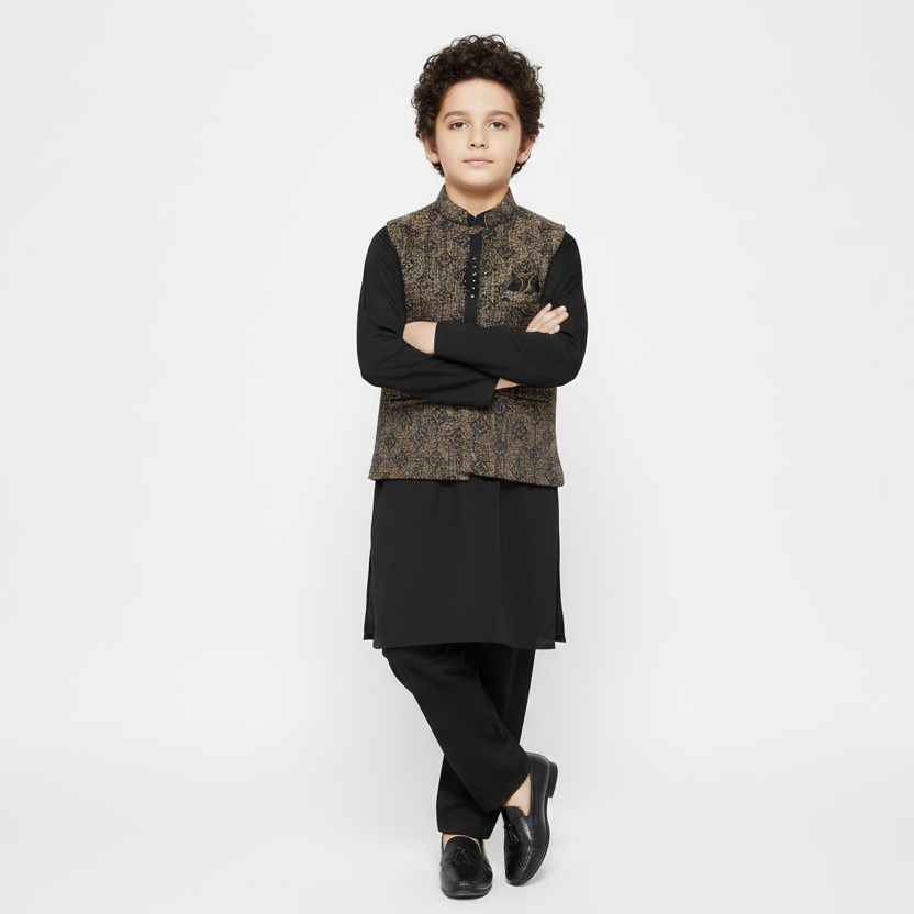 Boys Black Kurta with Stylish Gradient Waistcoat - Premium 3-Piece Set