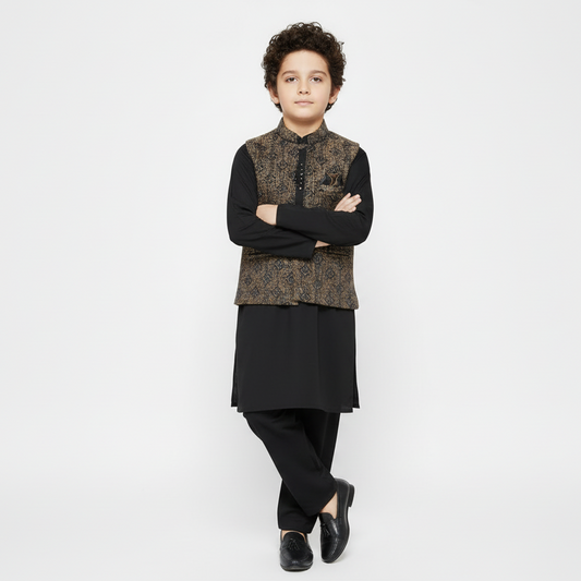 Boys Black Kurta with Stylish Gradient Waistcoat - Premium 3-Piece Set