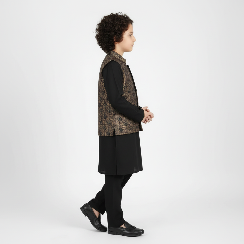 Boys Black Kurta with Stylish Gradient Waistcoat - Premium 3-Piece Set