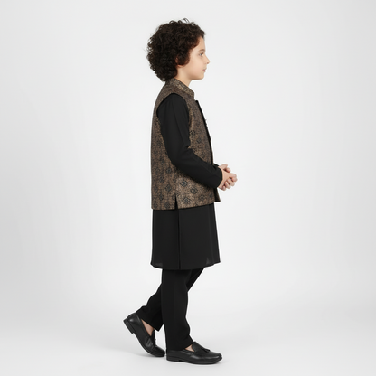Boys Black Kurta with Stylish Gradient Waistcoat - Premium 3-Piece Set
