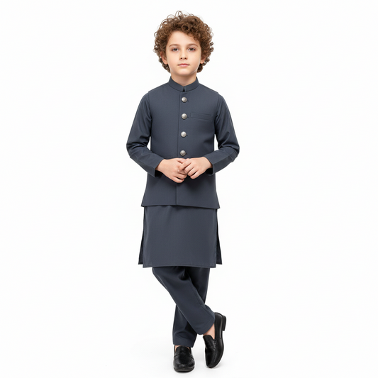 Boys Gray Blue Kurta Shalwar with Matching Waistcoat - Premium 3-Piece Set