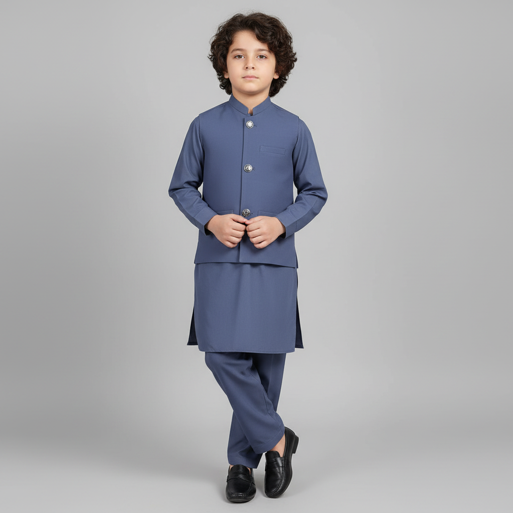 Child wearing a blue traditional outfit on a gray background