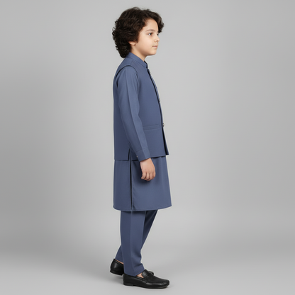 Boys Blue Kurta Shalwar with Matching Waistcoat - Premium 3-Piece Set