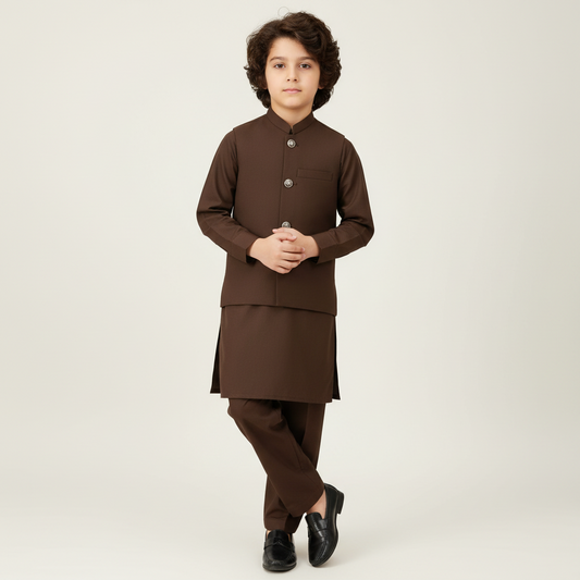 Boys Dark Brown Kurta Shalwar with Plain Waistcoat - Premium 3-Piece Set