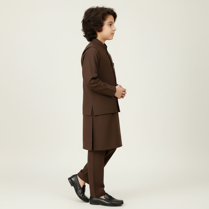Boys Dark Brown Kurta Shalwar with Plain Waistcoat - Premium 3-Piece Set