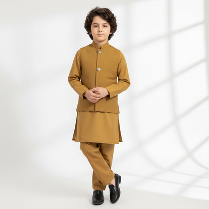Boys Camel Brown Kurta Shalwar with Matching Waistcoat - Premium 3-Piece Set