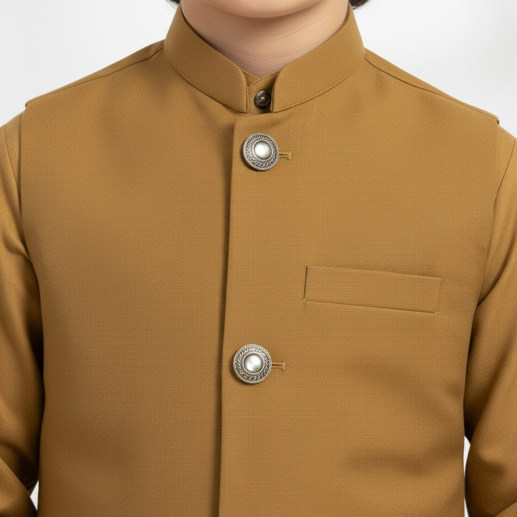 Boys Camel Brown Kurta Shalwar with Matching Waistcoat - Premium 3-Piece Set