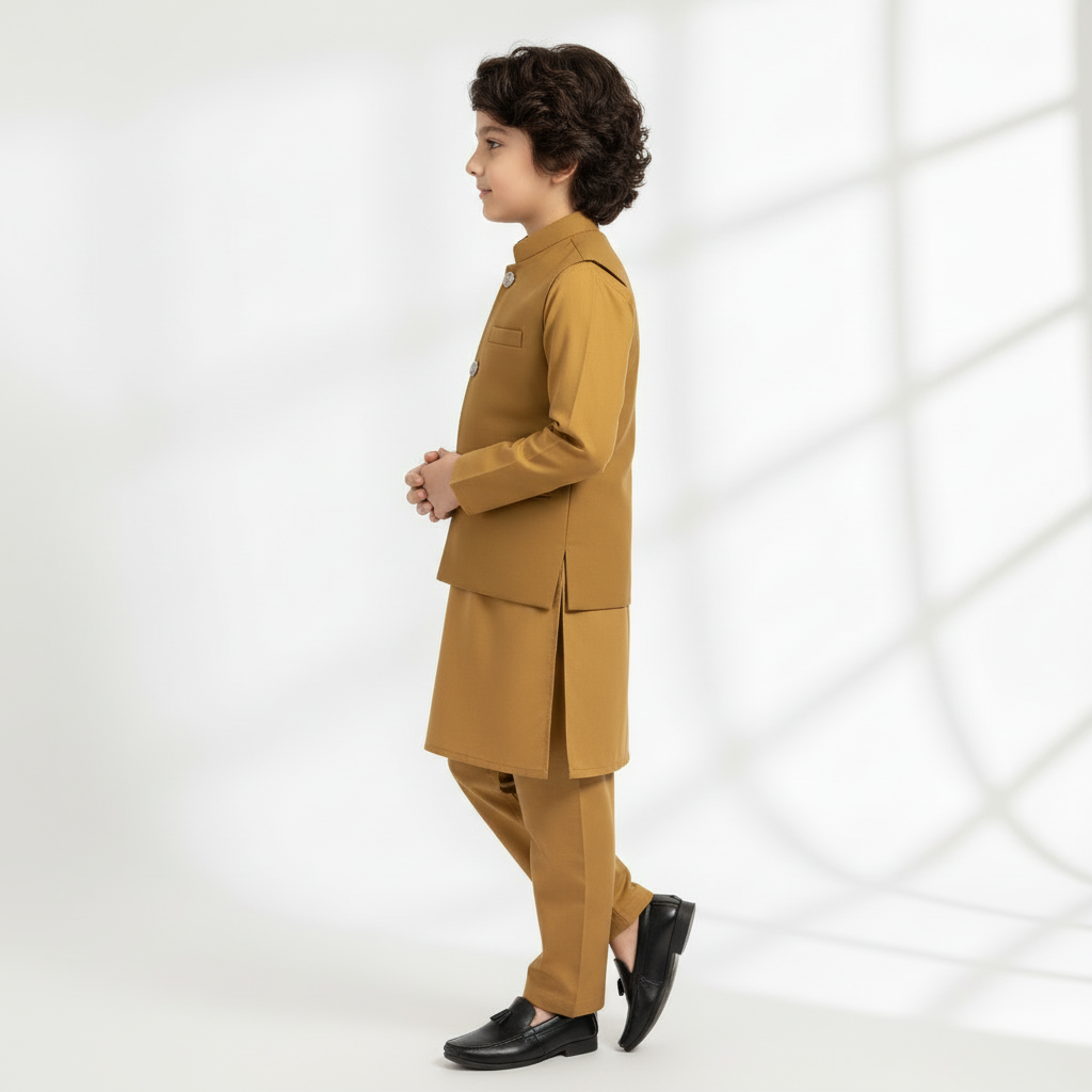 Boys Camel Brown Kurta Shalwar with Waistcoat & Gray Kaptaan Chappal