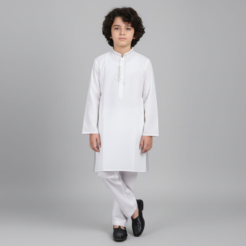 Boys Premium Cotton White Kurta Shalwar - Traditional Outfit