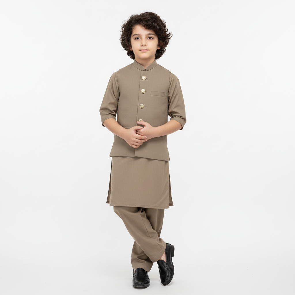 Boys Brown Kurta Shalwar with Matching Waistcoat - Premium 3-Piece Set