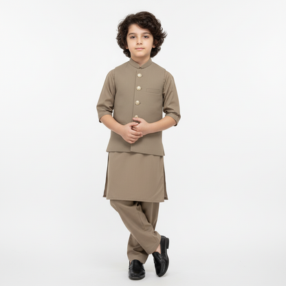 Boys Brown Kurta Shalwar with Matching Waistcoat - Premium 3-Piece Set