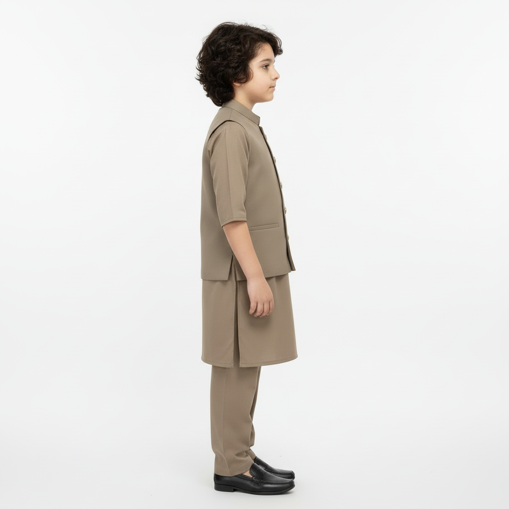 Boys Brown Kurta Shalwar with Matching Waistcoat - Premium 3-Piece Set