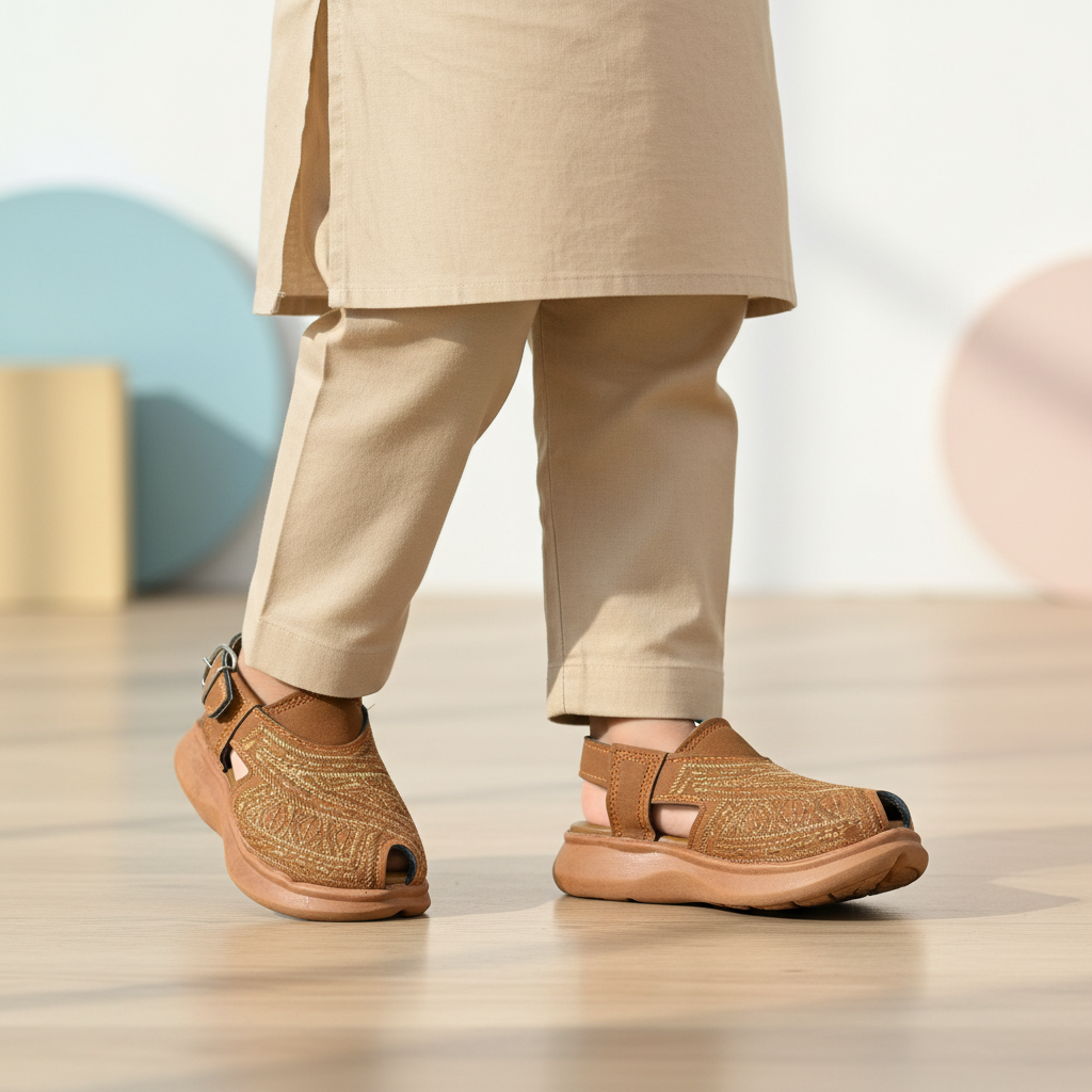 Brown kids embroidered Peshawari chappal traditional footwear