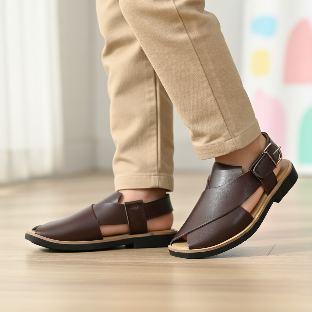 Kids Chocolate Brown Peshawari Chappal - Soft Sole Traditional Sandals