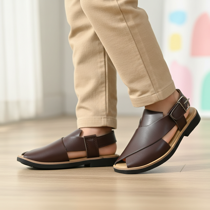 Kids Chocolate Brown Peshawari Chappal - Soft Sole Traditional Sandals