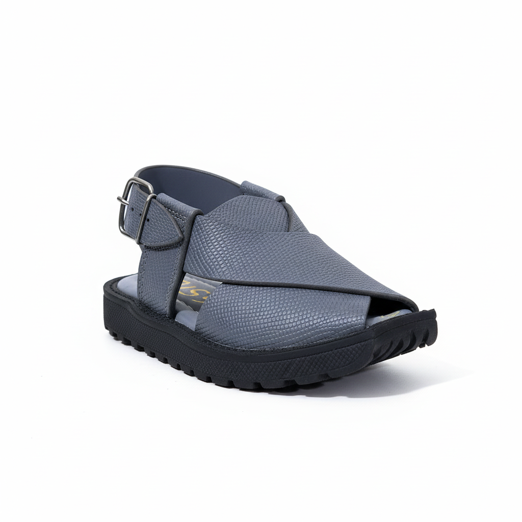 Kids Gray Textured Peshawari Kaptaan Chappal – Soft Sole Handmade Traditional Sandals
