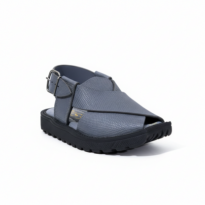 Kids Gray Textured Peshawari Kaptaan Chappal – Soft Sole Handmade Traditional Sandals