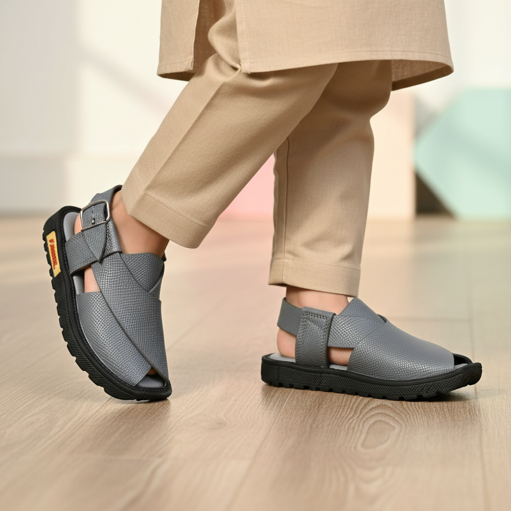 Gray sandal with a brand logo on a white background