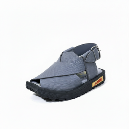 Kids Gray Textured Peshawari Kaptaan Chappal – Soft Sole Handmade Traditional Sandals