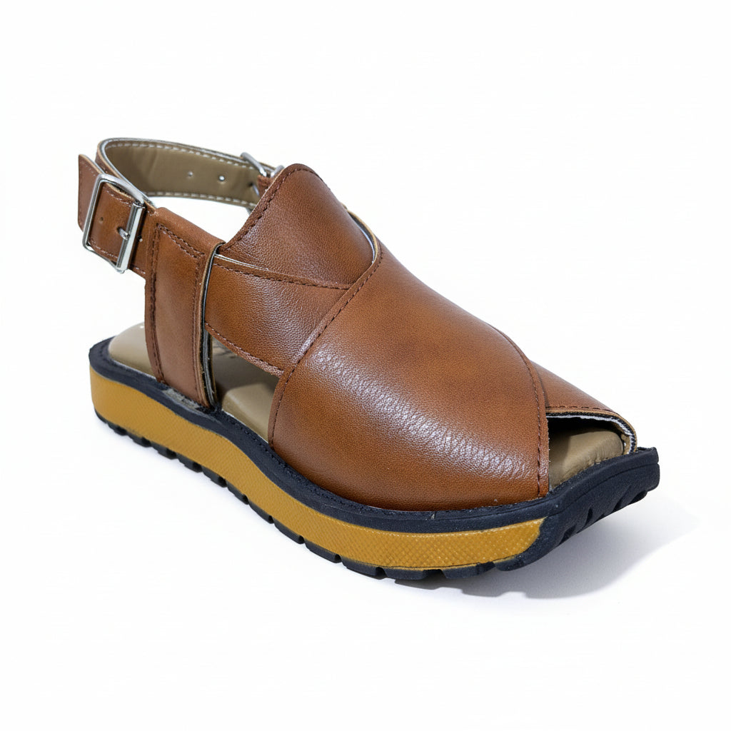Brown sandal with a yellow sole on a green background