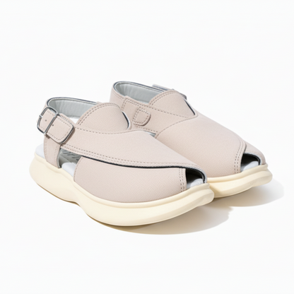 Pair of light gray sandals with a buckle on a white background