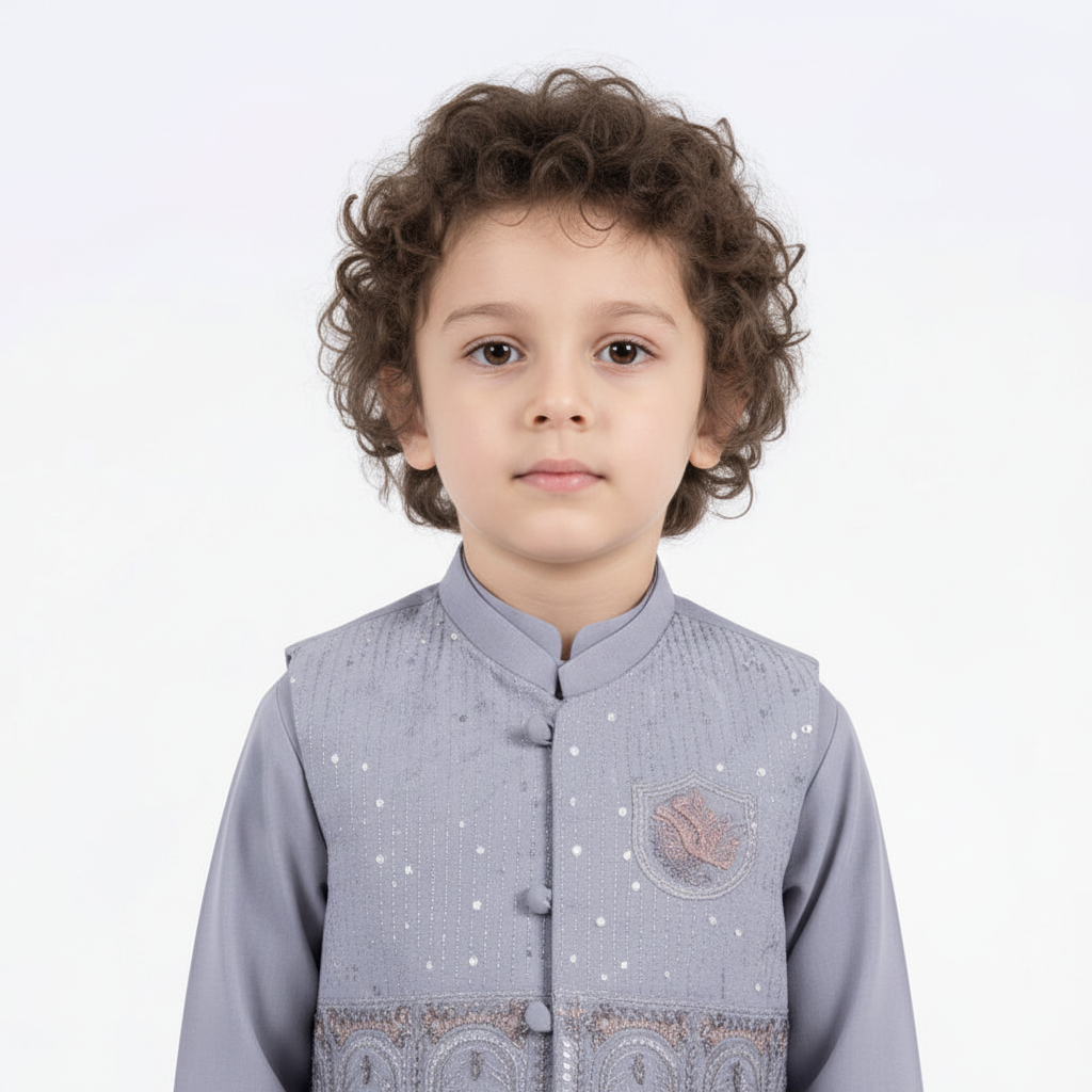 Child wearing a gray traditional outfit on a white background