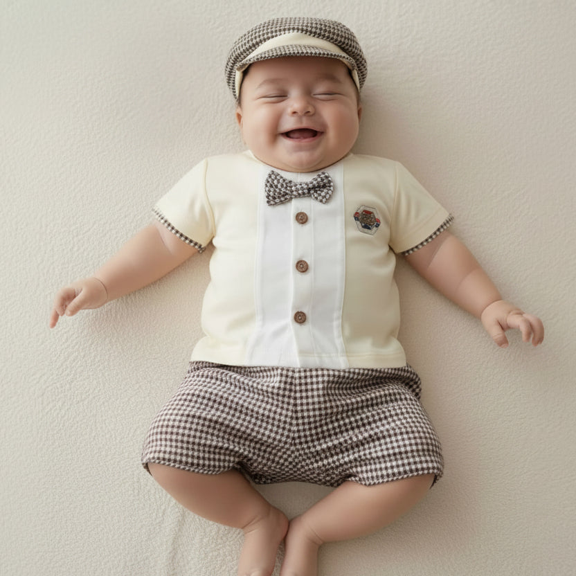 Newborn 4-piece set with shirt shorts bib and cap