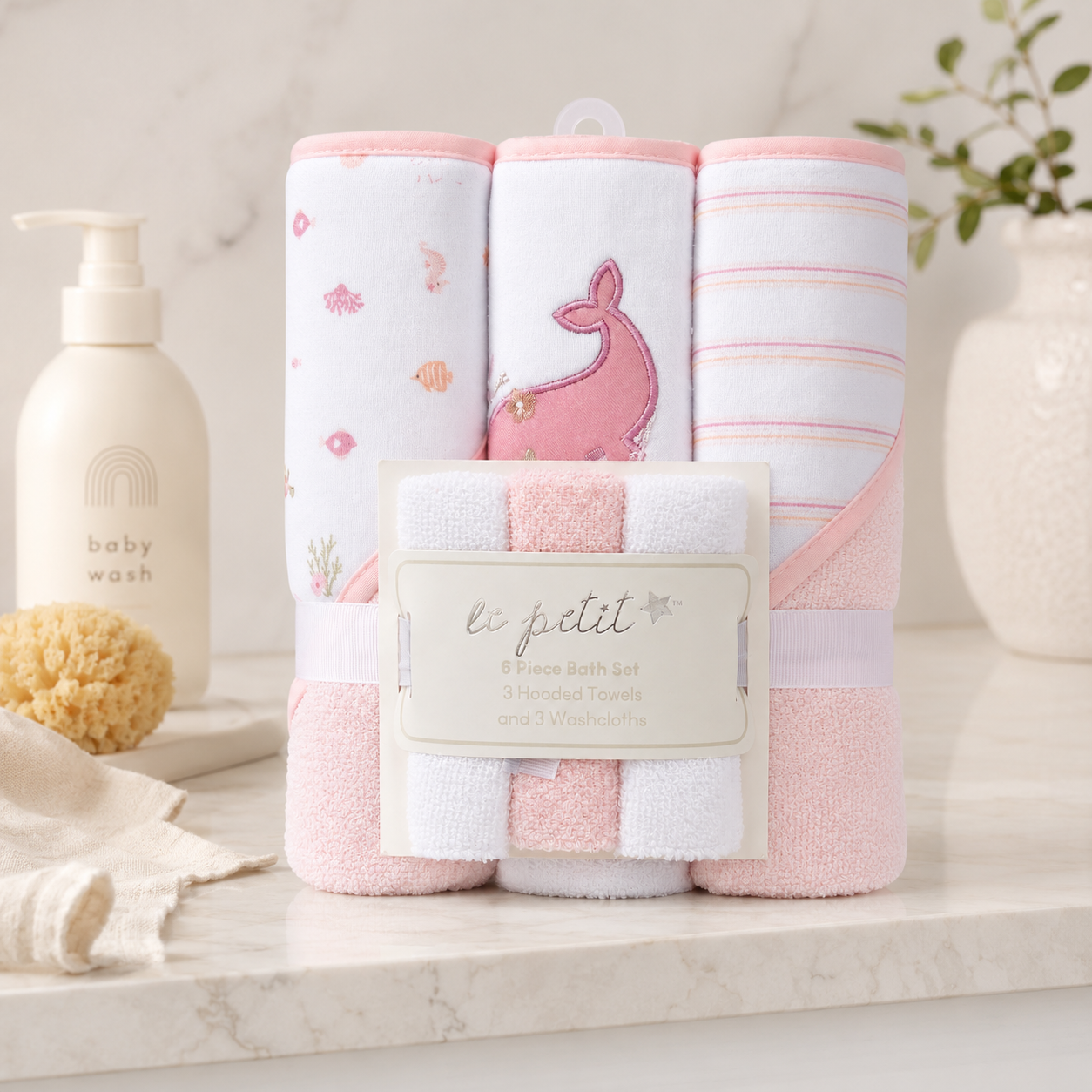 Baby bath towel gift set pink whale arrangement
