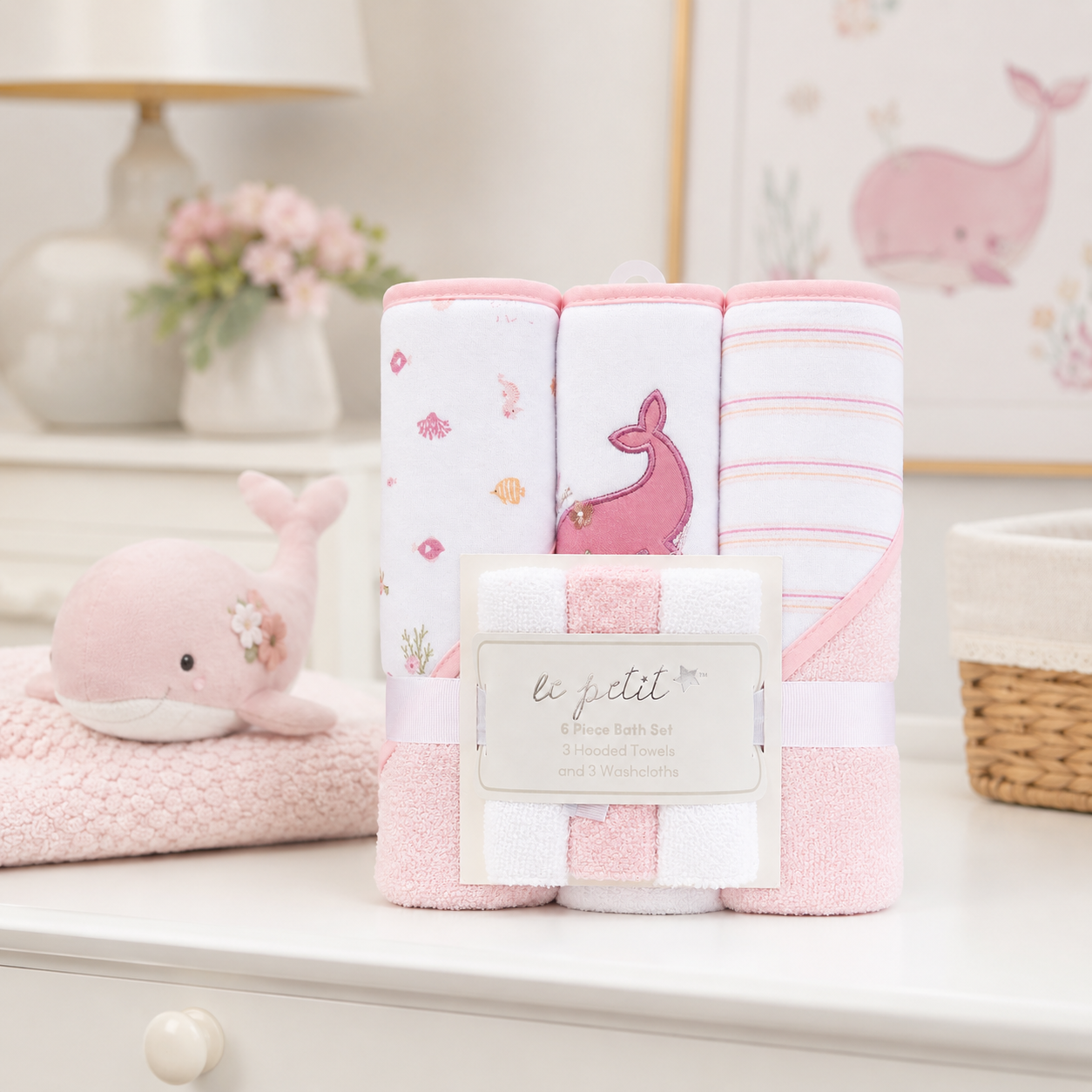 Pink whale baby bath set in nursery lifestyle scene