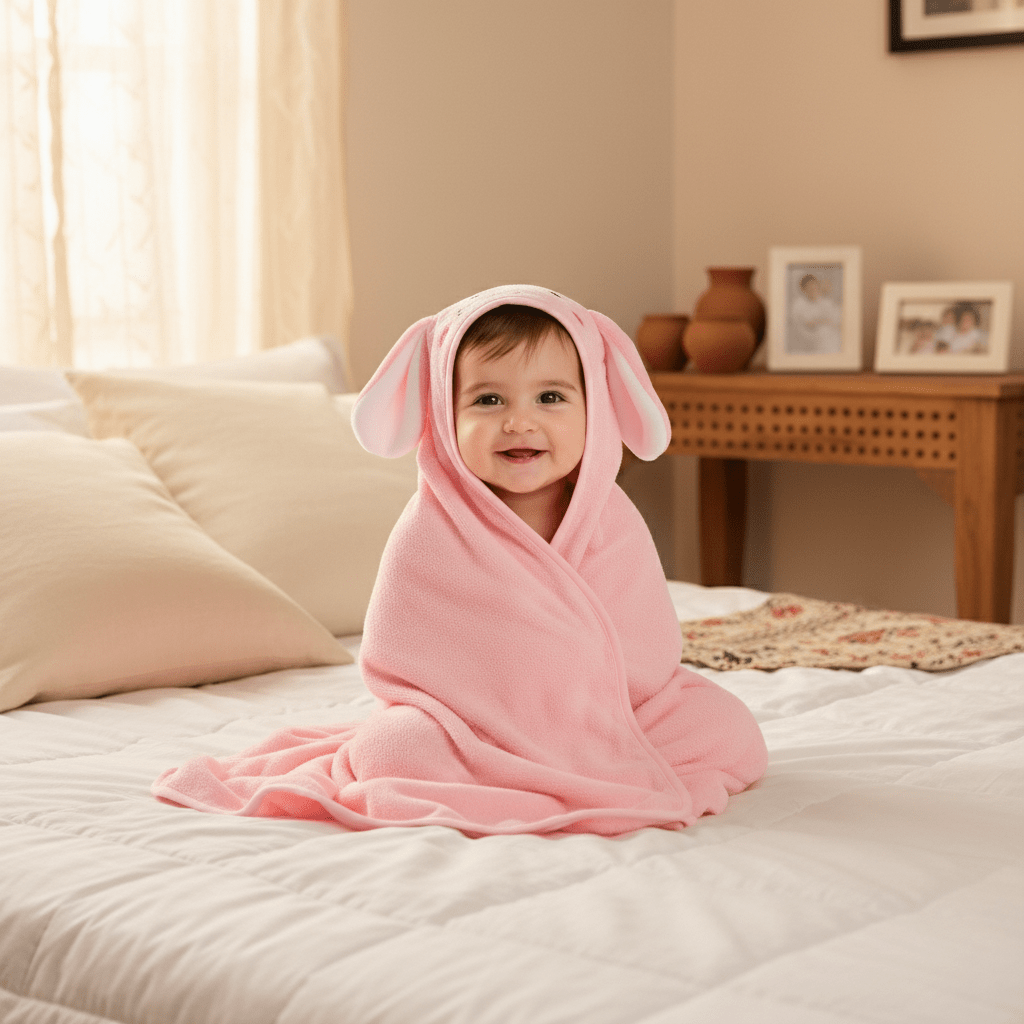 Baby Bath Towel Cotton Pink Elephant Design - Comfort Cubz