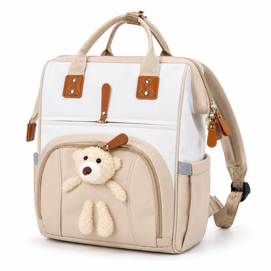 Beige baby diaper backpack with teddy applique hero product photo on white background