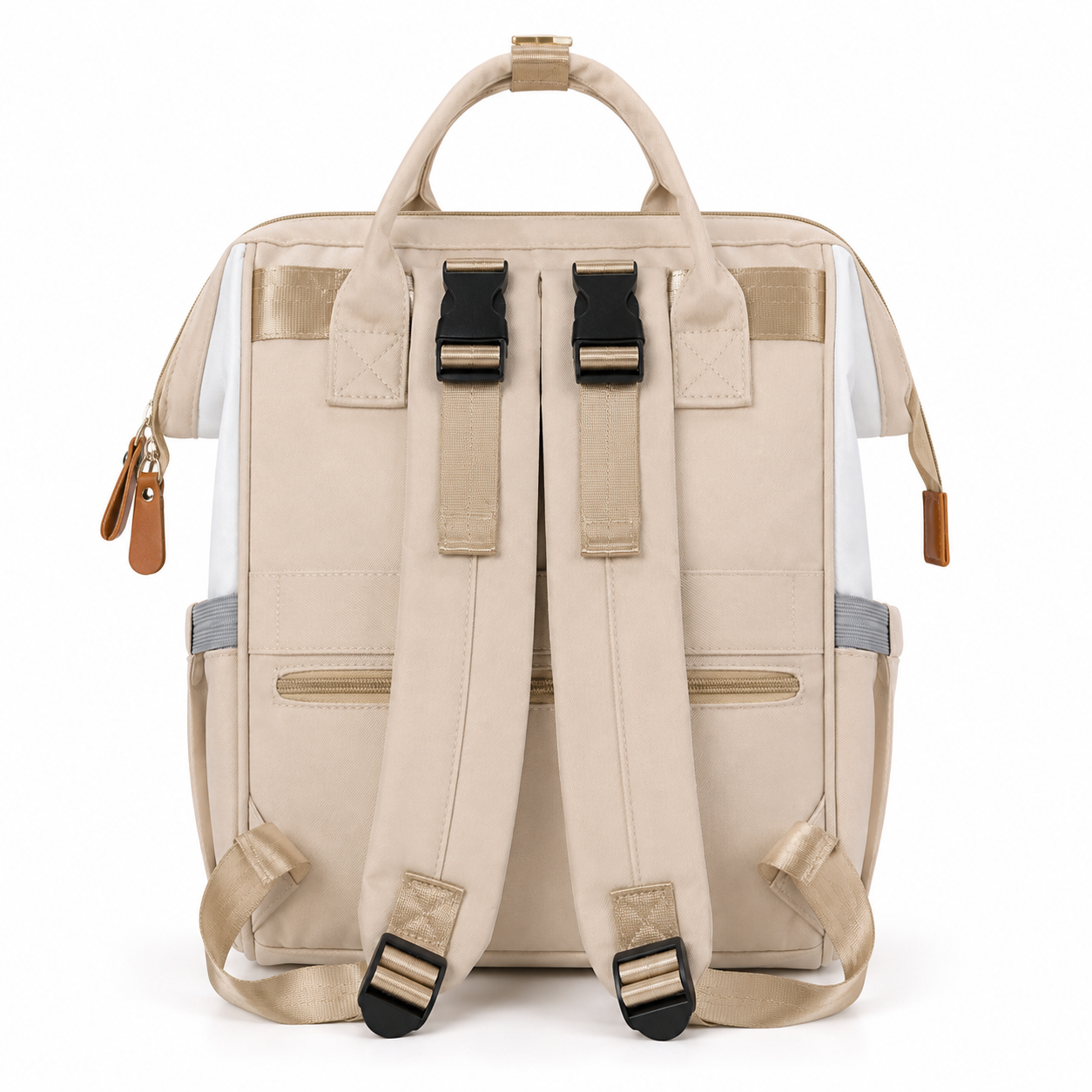 Beige baby diaper backpack straight front product photo on white background