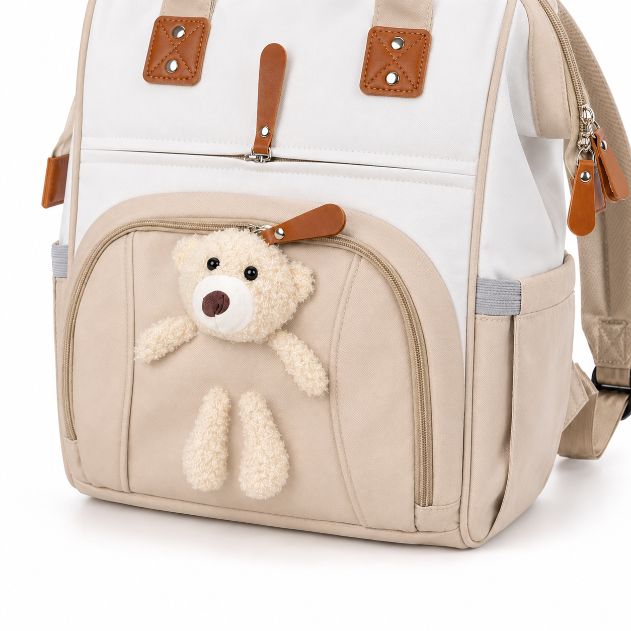 Beige baby diaper backpack teddy applique detail product photo on white background
