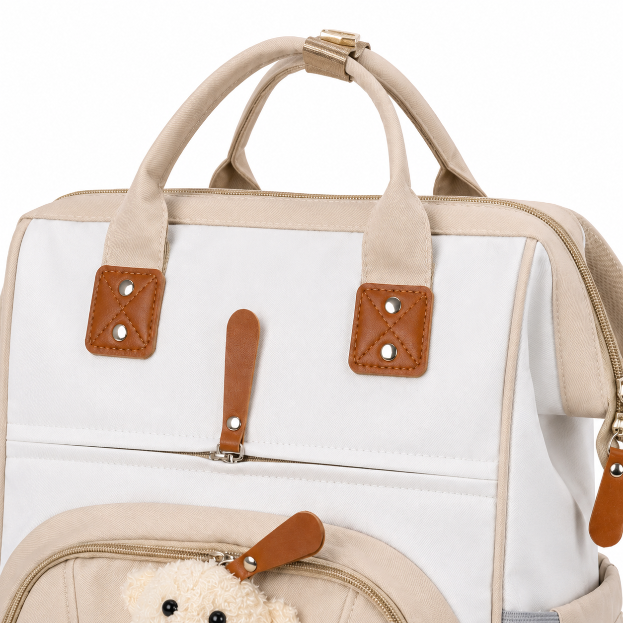 Beige baby diaper backpack handle and fabric detail product photo on white background