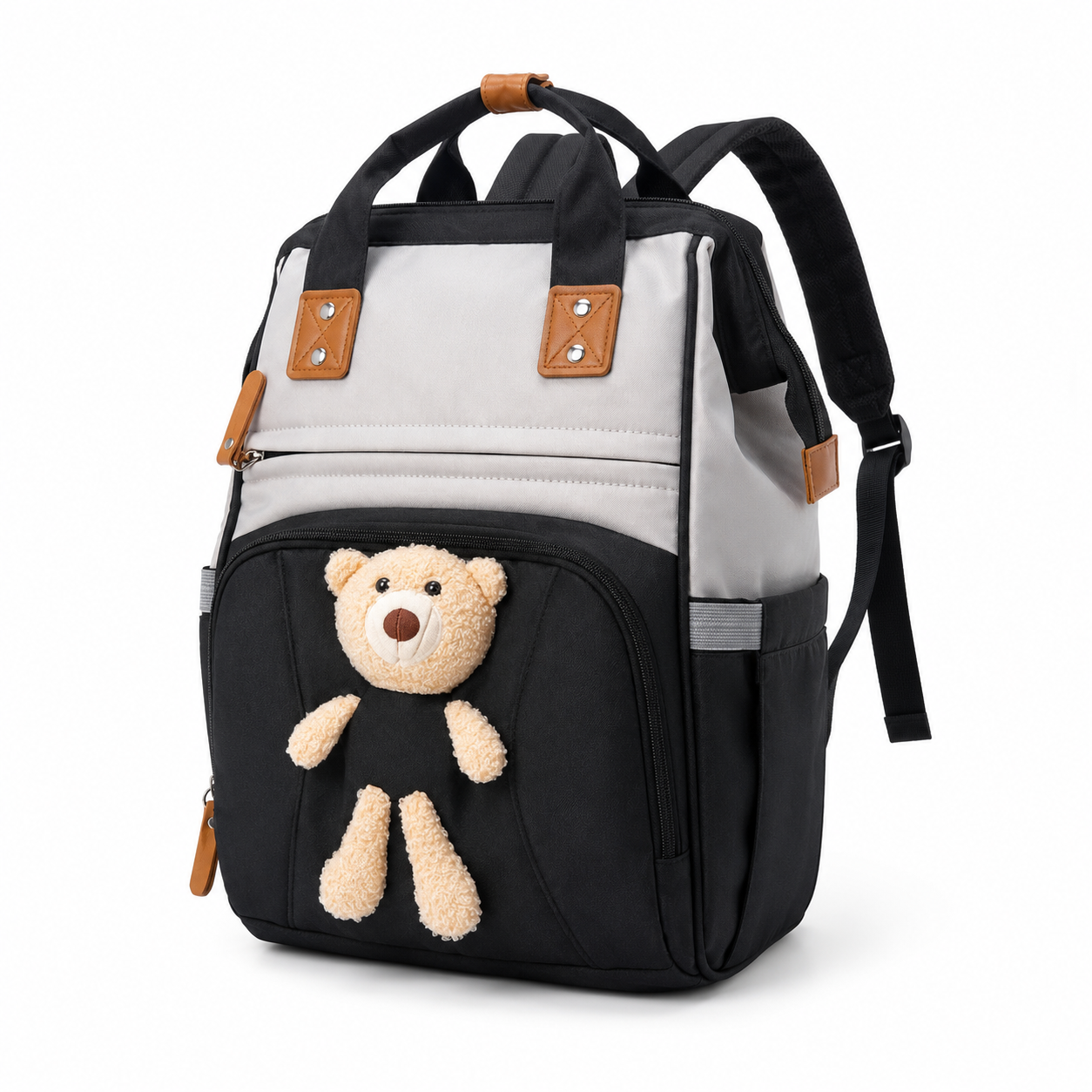Black baby diaper backpack with teddy applique hero product photo on white background