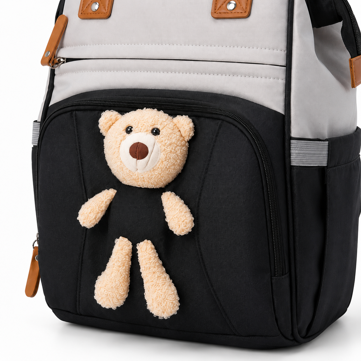 Black baby diaper backpack teddy applique detail product photo on white background