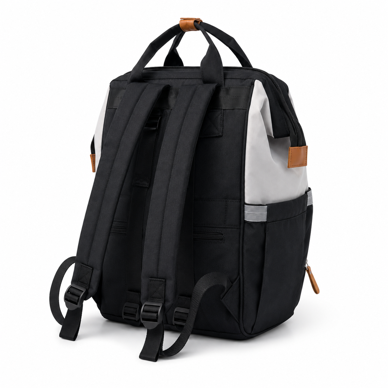 Black baby diaper backpack back view product photo on white background