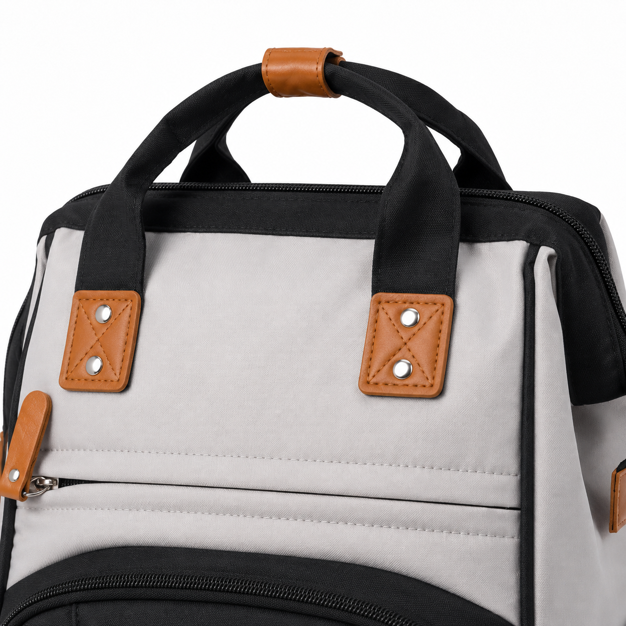 Black baby diaper backpack handle detail product photo on white background
